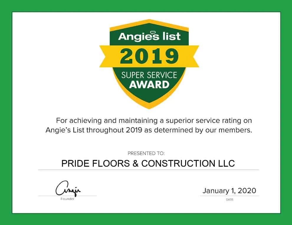 Angie's List Super Service Award 2019 certificate for Pride Floors