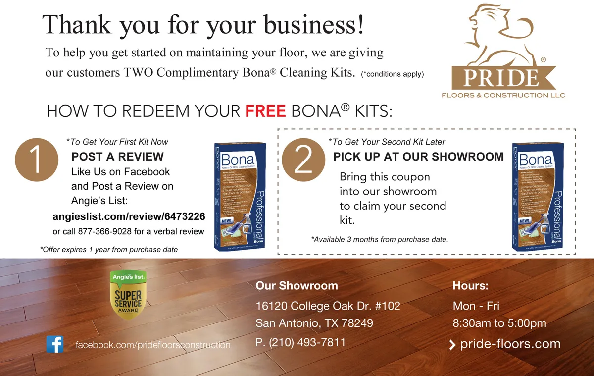 Thank you for your business Bona cleaning kit Pride Floors