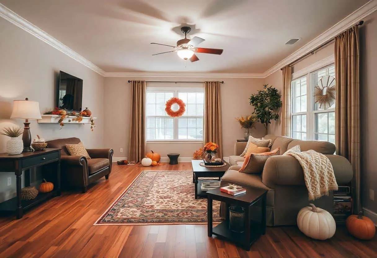 Cozy San Antonio living room with warm hardwood flooring and fall decor