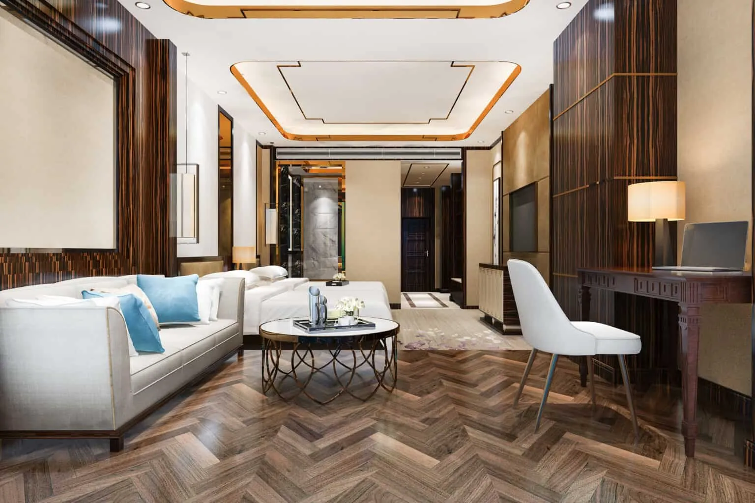 Luxury vinyl plank herringbone flooring in elegant San Antonio bedroom suite