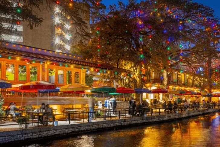 San Antonio River Walk festive holiday lights during Ford Holiday River Parade