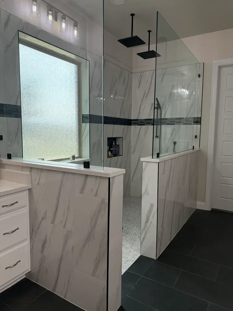 Marble Tile Walk-In Shower with Dual Rainheads Tile & Bathroom Remodeling flooring installation in San Antonio, TX by Pride Floors
